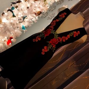Black Deep V rose embellished dress